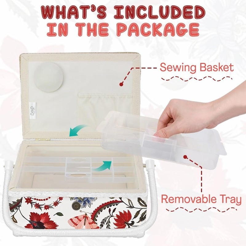 COMFECTO Large Sewing Basket with No Accessories and Removable Tray, Bright White and Red Sewing Box for Sewing Supplies, Ideal for Professional Seamstress - Image 2